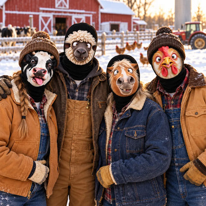 Funny Farm Animal Mesh Print Balaclava Hat, Personalized Posing Crew in Snow, Creative Gift for Friends