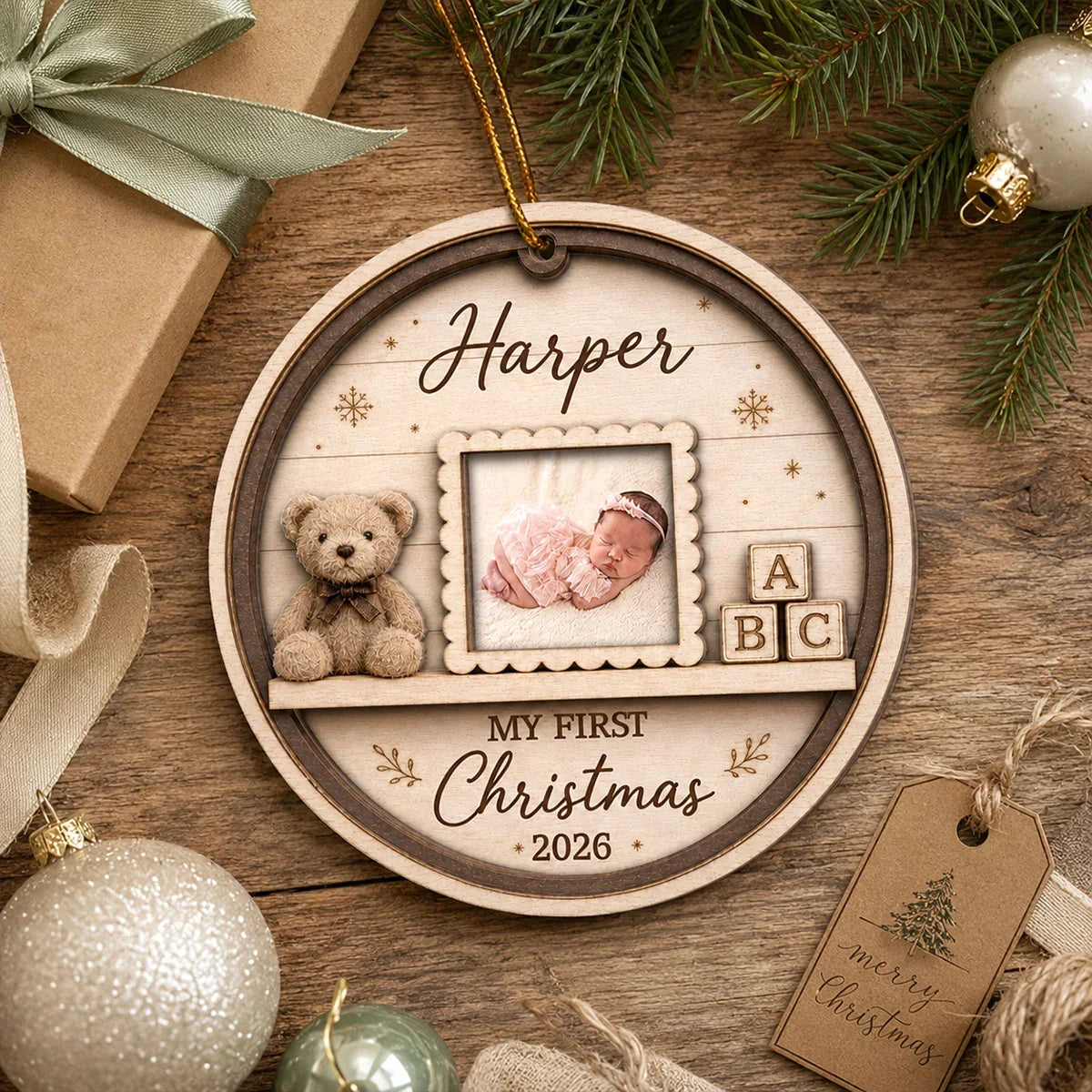 Personalized 2-Layer Wooden Ornament, Sleeping Baby Nursery Scene, Unique First Christmas Gift for New Parents
