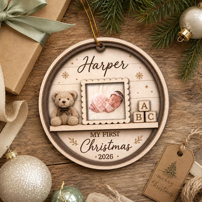 Personalized 2-Layer Wooden Ornament, Sleeping Baby Nursery Scene, Unique First Christmas Gift for New Parents