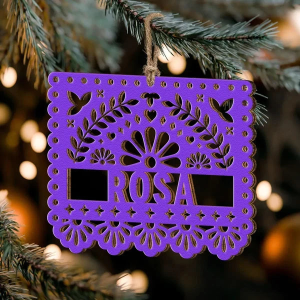 Personalized Wooden Ornament, Bright Papel Picado Art for Christmas Trees, Creative Keepsake Gift for Mom or Dad