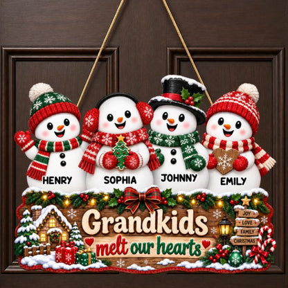 Grandkids Melt Our Hearts Personalized Wooden Sign, Festive Snowman Decor, Creative Gift for Grandparents