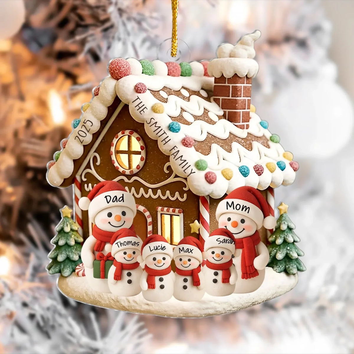 Personalized Acrylic Ornament, Snowman Family by a Gingerbread House, Unique Christmas Gift for Family