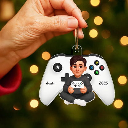 Personalized Acrylic Ornament with Cute Gamer Child Holding Console, Unique Christmas Gift for Son