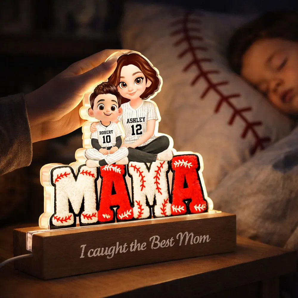 Block LED Light Plaque With Baseball Mama Hugging Kids, 'We Caught the Best Mom', Cozy Bedside Gift
