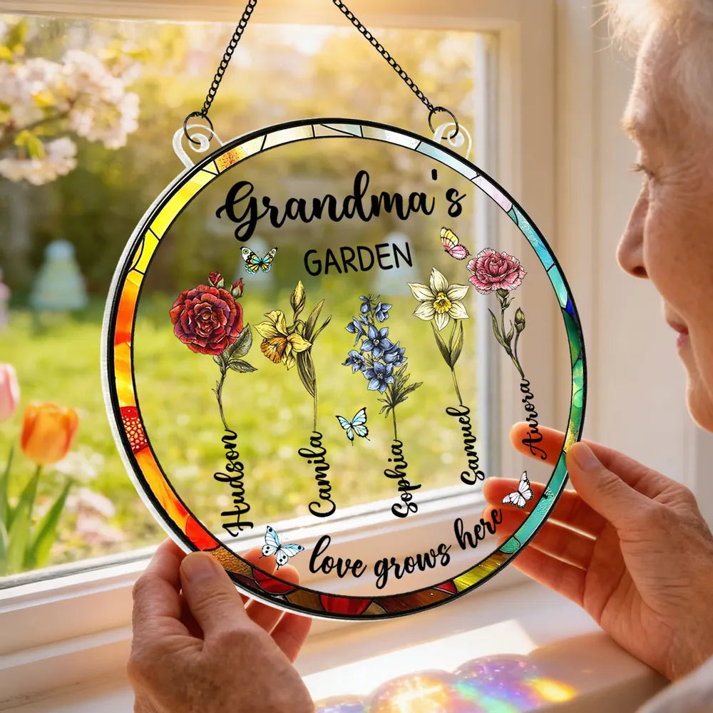 Grandma's Garden Love Grows Here Acrylic Suncatcher Ornament - Sunlight Reflection Window Decor, Thoughtful Personalized Gift