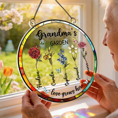 Grandma's Garden Love Grows Here Acrylic Suncatcher Ornament - Sunlight Reflection Window Decor, Thoughtful Personalized Gift