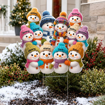 Personalized Shaped Yard Sign, Colorful Snowman Family in a Snowy Christmas Yard, Unique Gift for Grandparents