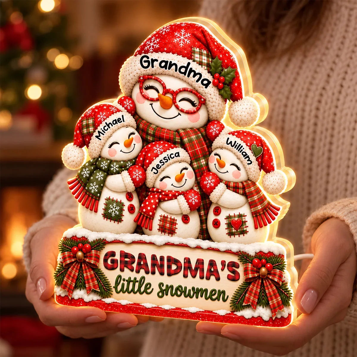 Personalized Acrylic Light Box, Smiling Grandma and Little Snowmen Christmas Scene, Unique Gift for Grandma