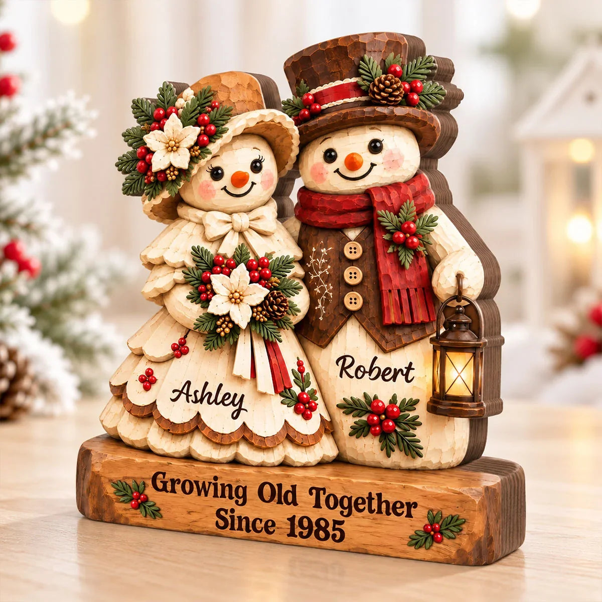 Growing Old Together Wooden Plaque, Personalized Cozy Snowman Couple, Creative Christmas Gift for Partners