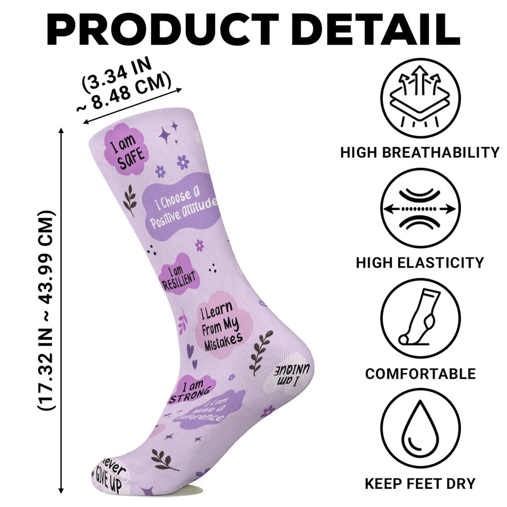 Kids Crew Socks with I Am Kind Affirmations, Personalized Encouragement, Creative Gift for Son or Daughter