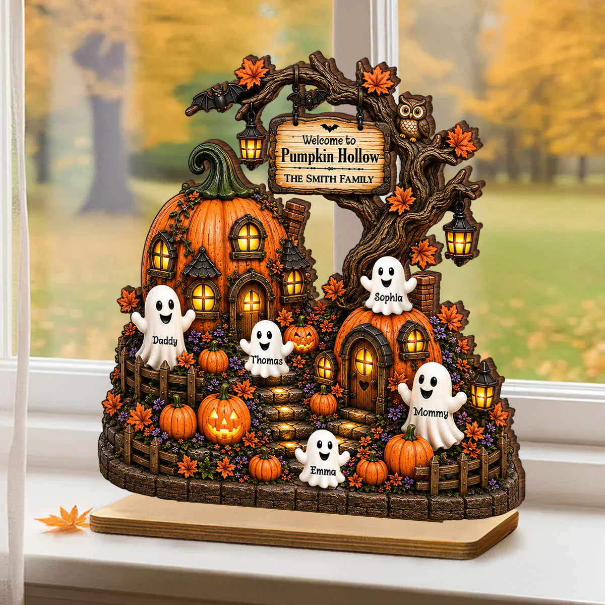 Personalized 2-Layer Wooden Plaque, Pumpkin Hollow Scene, Unique Halloween Gift for Family Decor