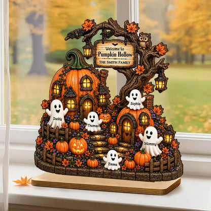 Personalized 2-Layer Wooden Plaque, Pumpkin Hollow Scene, Unique Halloween Gift for Family Decor