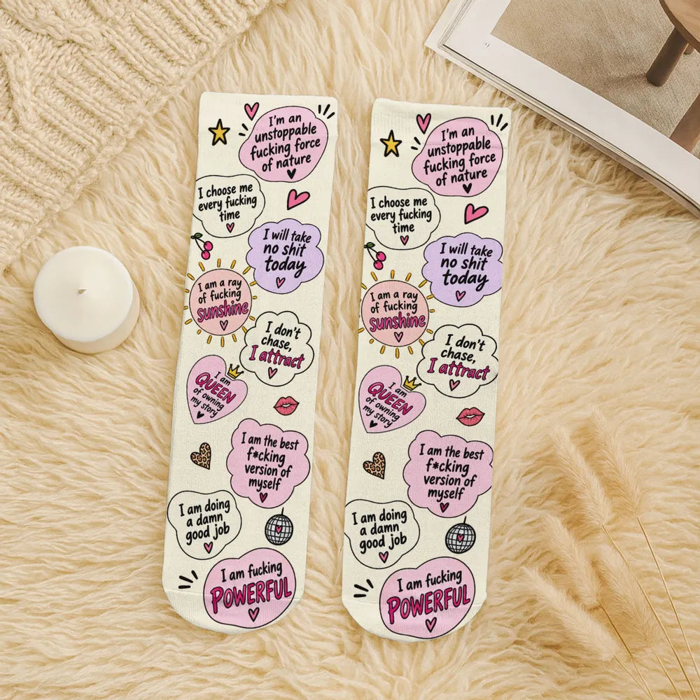 Personalized Crew Socks with Cheeky Self Love Quotes, Unique Gift for Women, Fun Confidence Boost