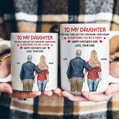 White Ceramic Mug Personalized for a Daughter, Heartwarming Father and Daughter Illustration, Thoughtful Mother's Day Gift