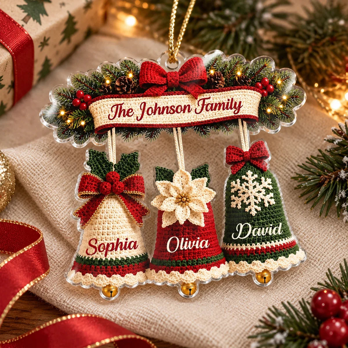 Personalized Acrylic Ornament, Custom Family Christmas Bells in Red and Green, Unique Gift for Mom and Family