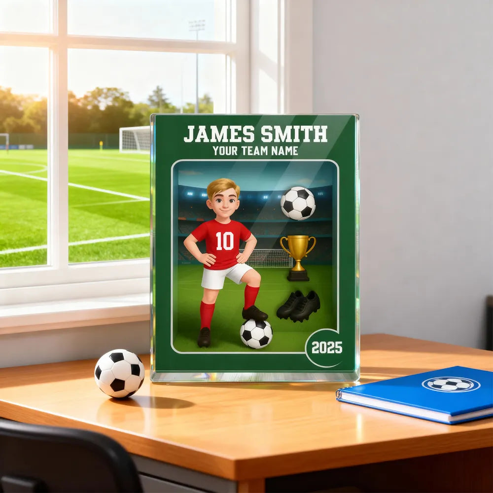Acrylic Block Plaque - Customizable Soccer Keepsake, stadium design, player with ball - Creative Gift for Kids & Teams