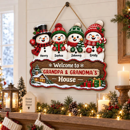 Personalized Snowman Family Wooden Sign, Snowy Cabin Door Decor, Unique Creative Gift for Grandparents