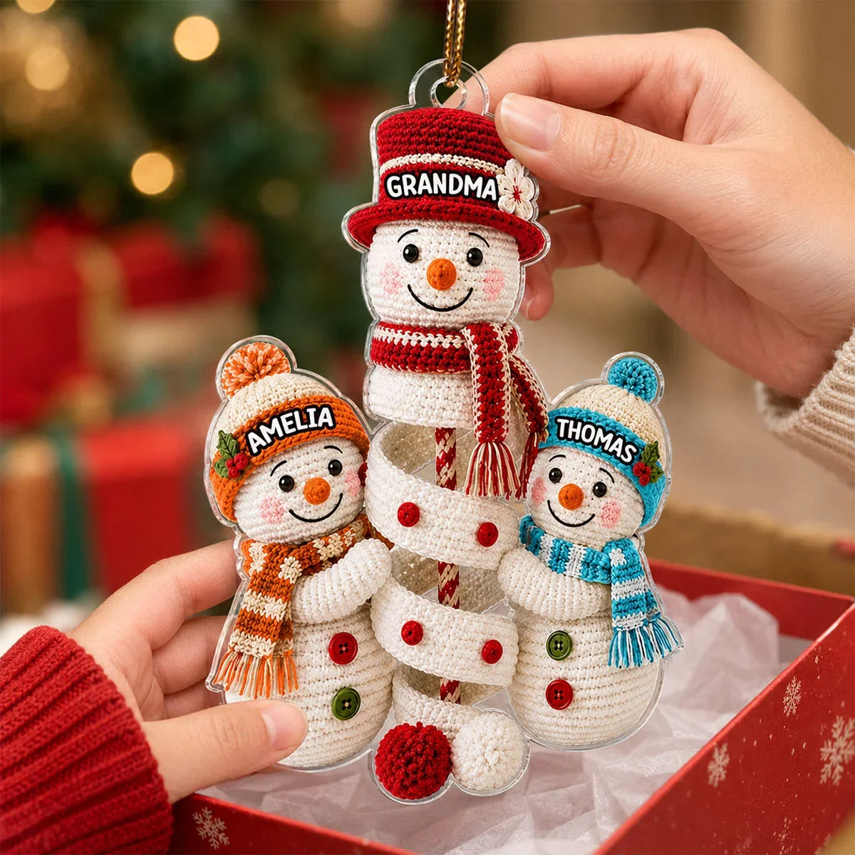 Personalized Acrylic Ornament, Crochet-Style Grandma and Grandkids Building a Snowman, Unique Christmas Gift