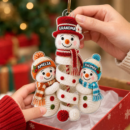 Personalized Acrylic Ornament, Crochet-Style Grandma and Grandkids Building a Snowman, Unique Christmas Gift