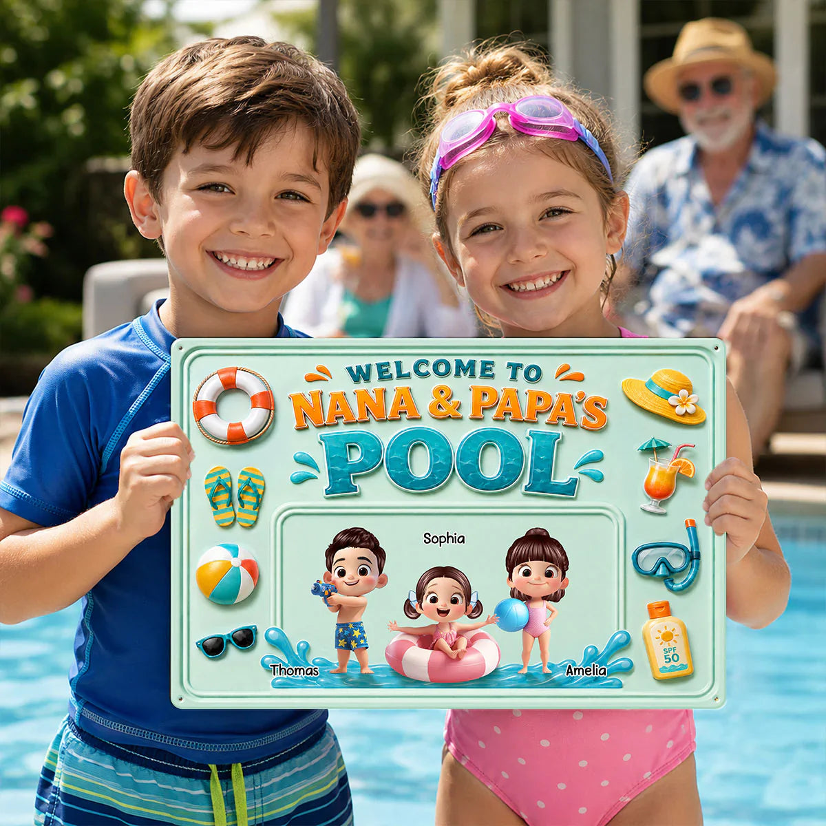Personalized Rectangular Iron Sign, Nana & Papa's Poolside Kids, Unique Gift for Grandparents