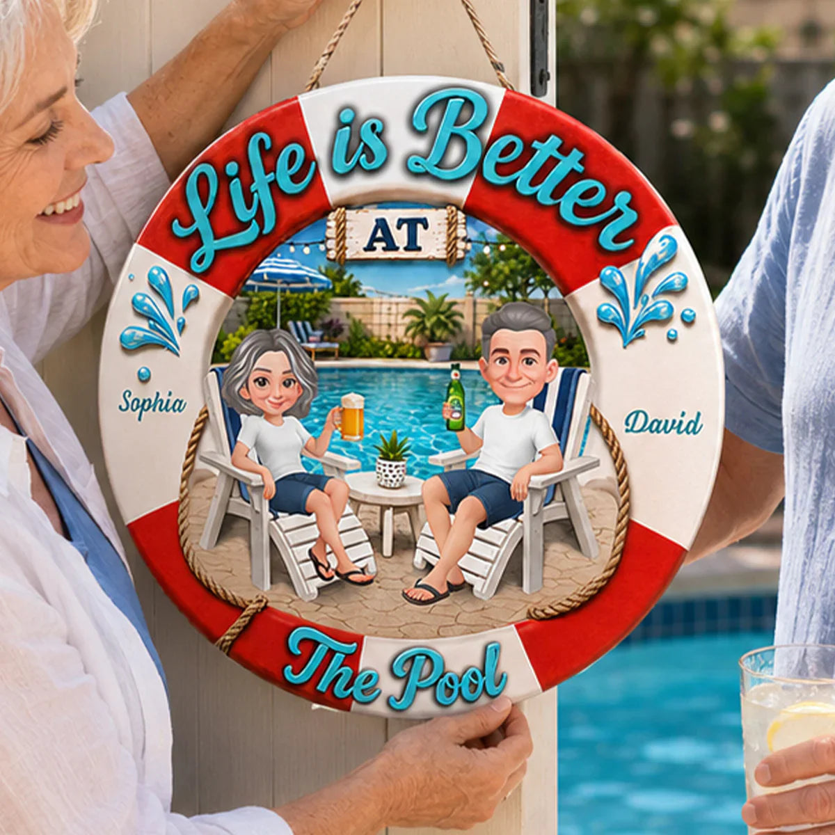 Personalized Wooden Sign, Life Is Better at The Pool, Couple Relaxing with Drinks, Unique Gift