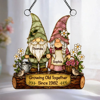 Personalized Acrylic Suncatcher Ornament, Holding Hands Gnome Couple in a Floral Garden, Unique Anniversary Gift