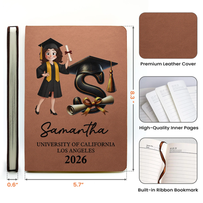 Personalized Graduation Cartoon Leather Journal With Initial, Cap & Diploma, Unique Gift For the Grad