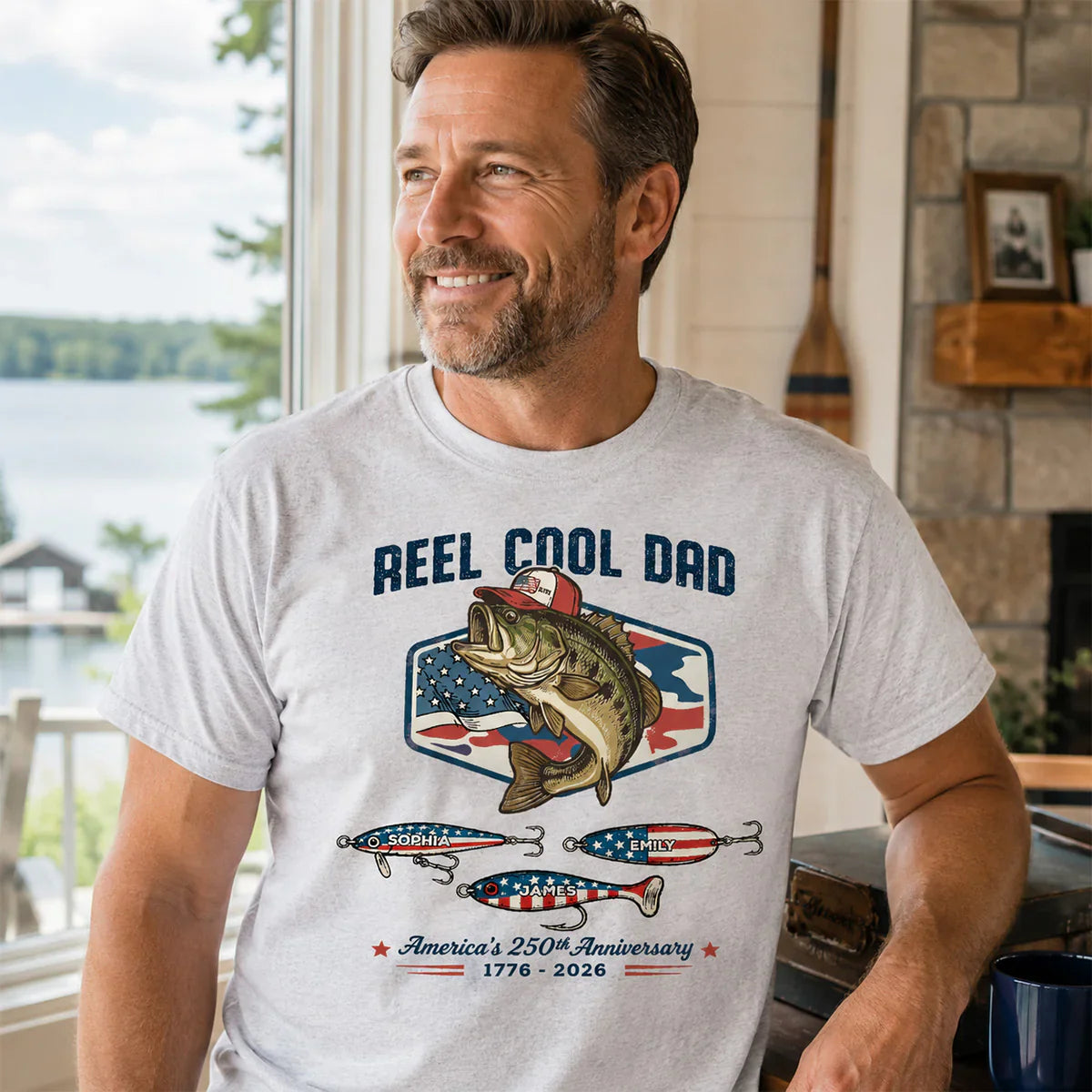 Personalized Classic Tee with Fishing Bass Art, Patriotic Papa Shirt, Unique Gift for Dad or Grandpa