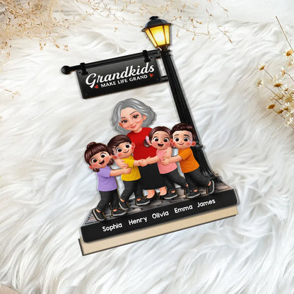 Personalized 2-Layer Wooden Plaque with Grandma and Grandkids Under Lamp Post, Sweet Family Keepsake, Unique Gift for Grandma