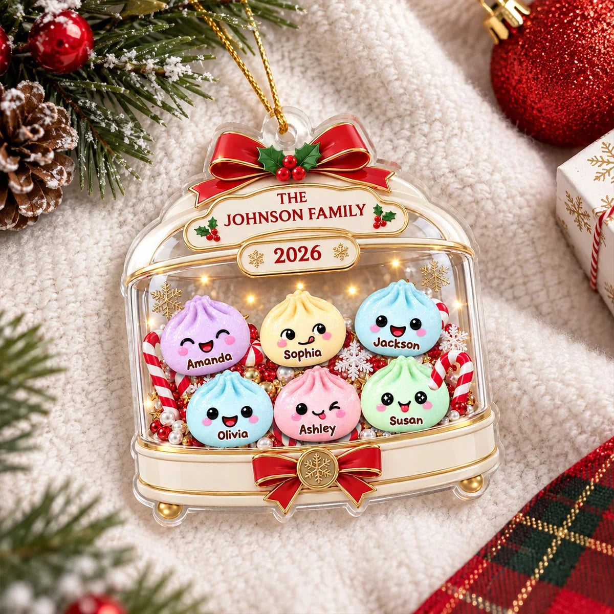 Personalized Acrylic Ornament, Cute Dumpling Family Snow Globe for Christmas Tree Decor, Unique Gift for Families