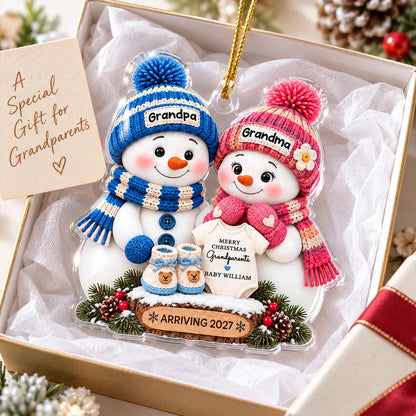 Personalized Acrylic Ornament, Cute Blue & Pink Snowman Grandparents with Baby Onesie, Unique Gift for Grandma & Grandpa