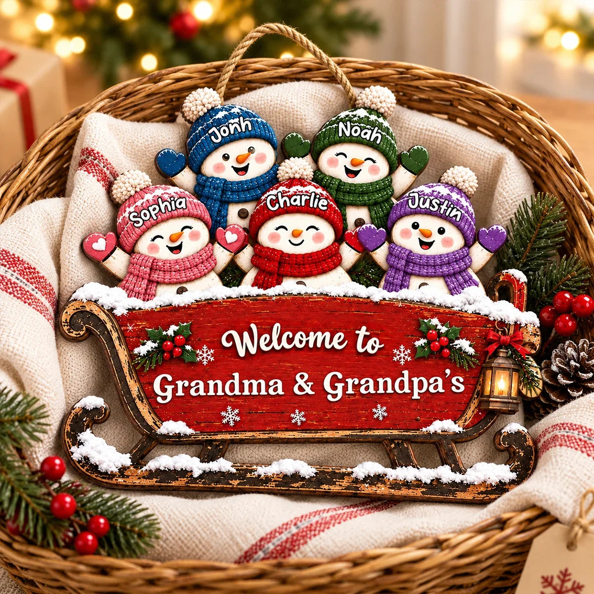 Personalized Wooden Sign with Cheerful Snowmen on a Sleigh, Unique Christmas Gift for Grandma & Grandpa