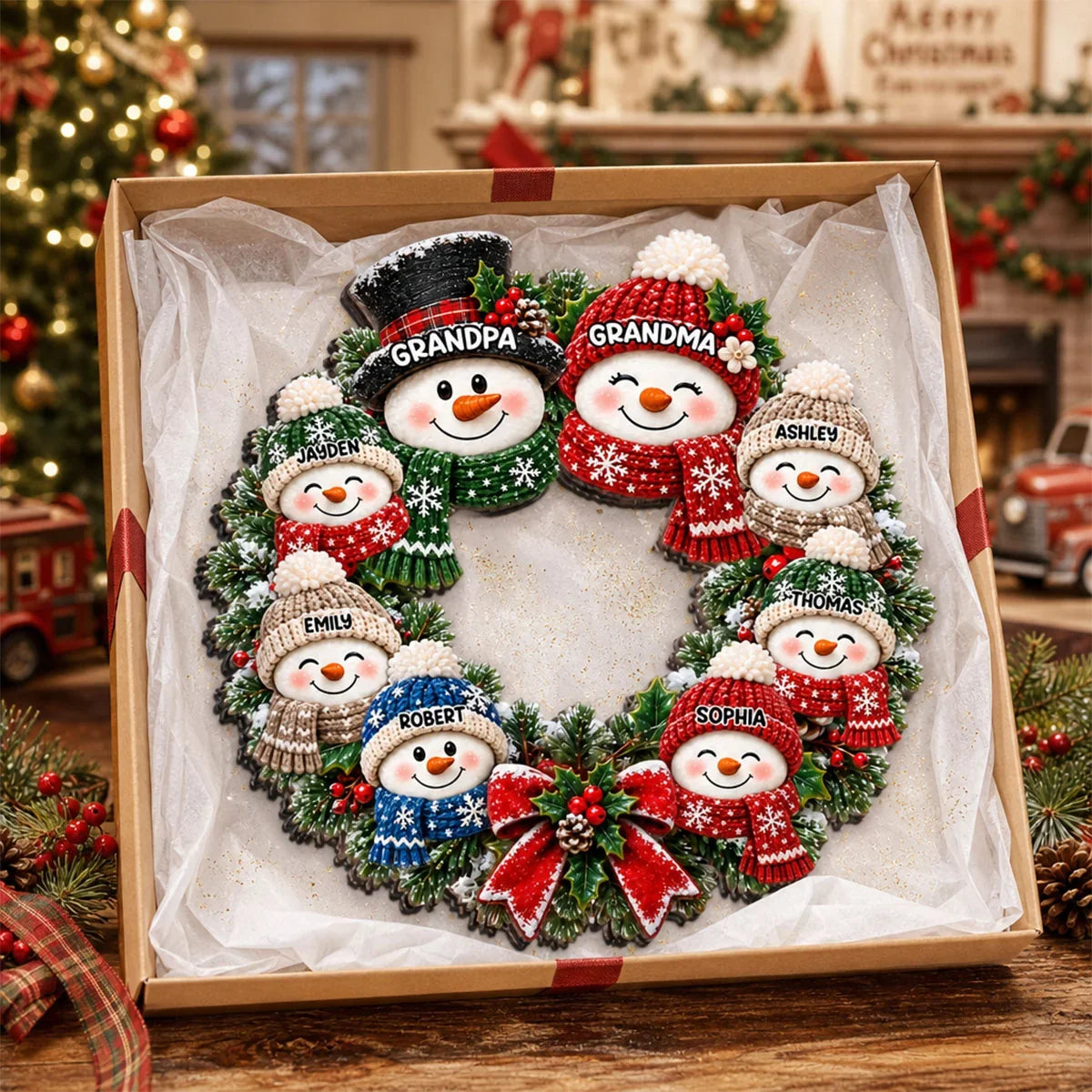 Personalized Wooden Sign with Cute Snowman Family Wreath, Unique Christmas Door Gift for Grandparents