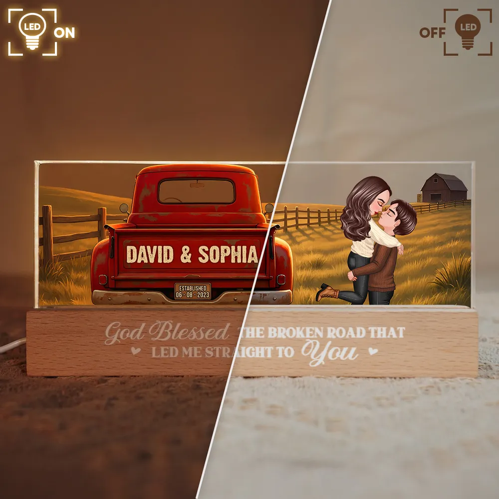 Personalized Block LED Light Plaque With Couple Kissing by a Red Truck, Rustic Sunset Scene, Unique Anniversary Gift