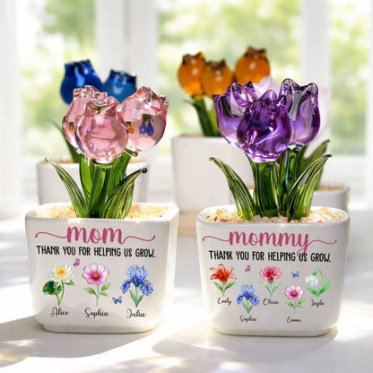 Personalized Square Glass Planter with Purple Tulips, Thank You for Helping Us Grow, Unique Gift for Mom