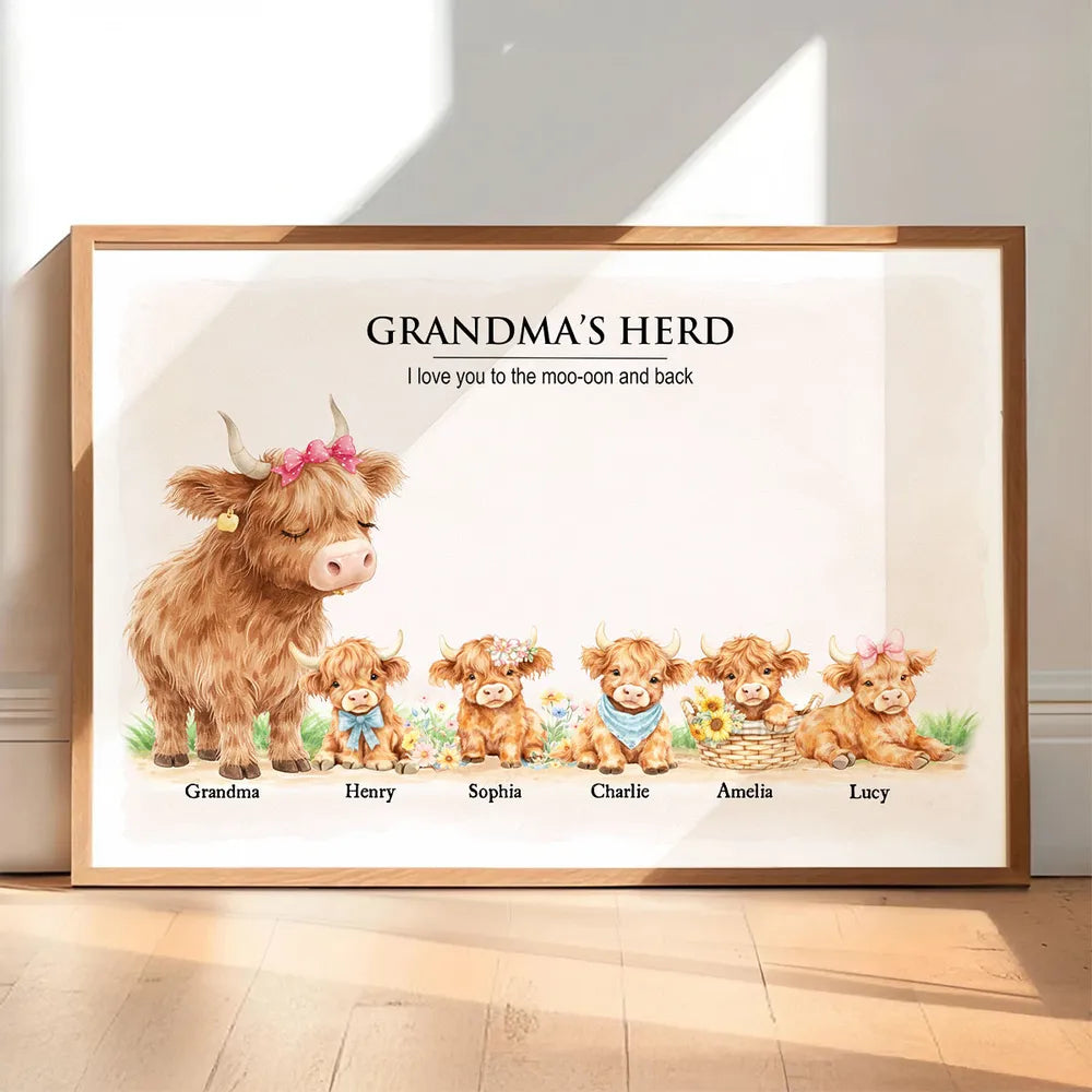 Personalized Highland Cow Family Poster, Grandma & Grandpa's Herd Wall Art, Unique Gift for Grandparents