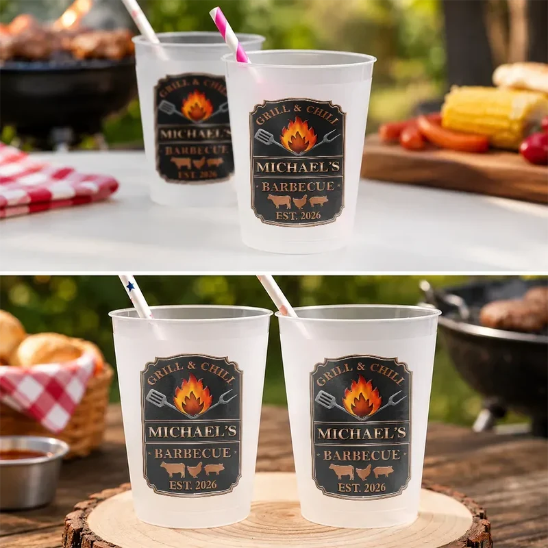 Personalized Frosted Plastic Cup, Vintage Grill & Chill Art for Backyard Barbecues, Unique Gift for Grill Lovers