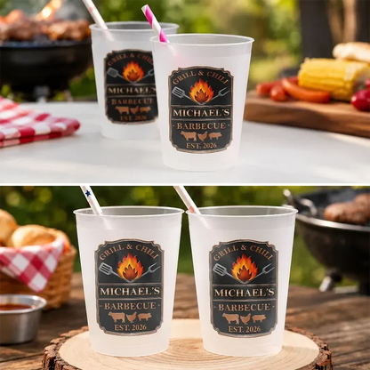 Personalized Frosted Plastic Cup, Vintage Grill & Chill Art for Backyard Barbecues, Unique Gift for Grill Lovers