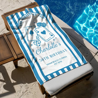 Custom Beach Towel with Pink Tropical Palms, Vacation Vibe for Beach Trip or Cruise, Thoughtful Birthday Gift