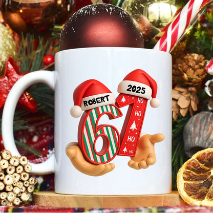 Personalized “67” Christmas Mug with Cute Cookie Design, Custom Name Holiday Gift for Kids, Teens & Grandkids