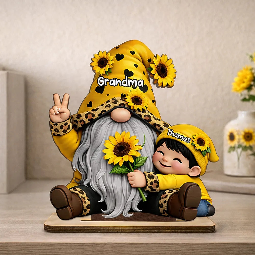 Personalized 2-Layer Wooden Plaque Gnome Grandma With Grandkids and Sunflowers Cute Family Keepsake Unique Gift for Grandma