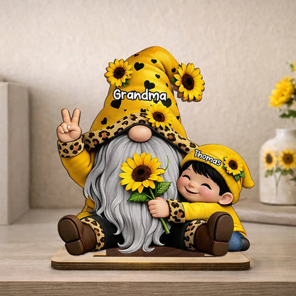 Personalized 2-Layer Wooden Plaque Gnome Grandma With Grandkids and Sunflowers Cute Family Keepsake Unique Gift for Grandma