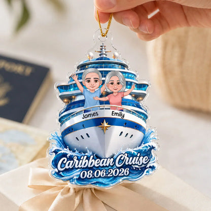 Personalized Acrylic Ornament, Waving Couple on Blue Cruise Ship, Unique Travel Gift for Couples