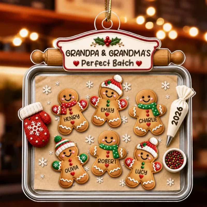 Personalized Acrylic Ornament, Gingerbread Grandkids on a Baking Tray, Red & Green Unique Christmas Gift for Grandparents