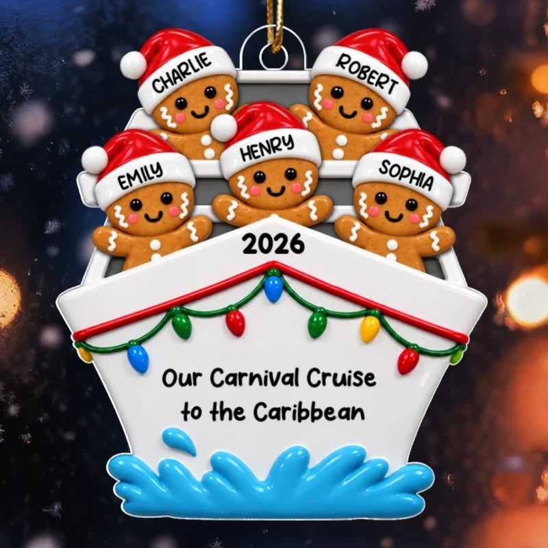 Personalized Acrylic Ornament, Gingerbread Group Aboard a Festive Cruise Ship, Unique Gift for Family