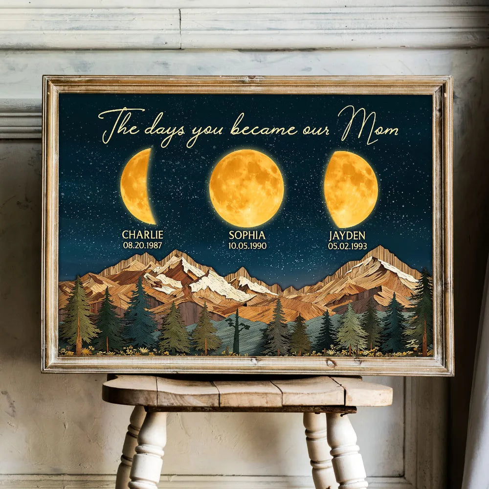 Personalized Moon Phase Mountain Night Sky Poster for Mom - The Day You Became Our Mom Wall Art, Unique Gift