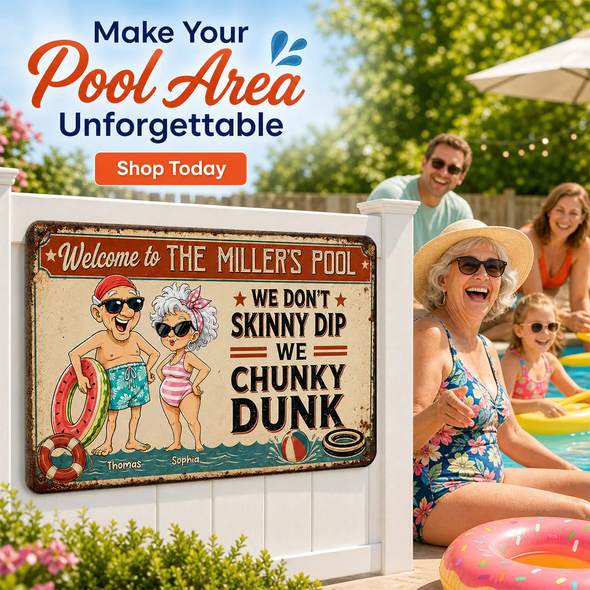 Personalized Rectangular Iron Sign, Vintage Chunky Dunk Pool Decor with Smiling Swimmers, Unique Gift for Pool Owners