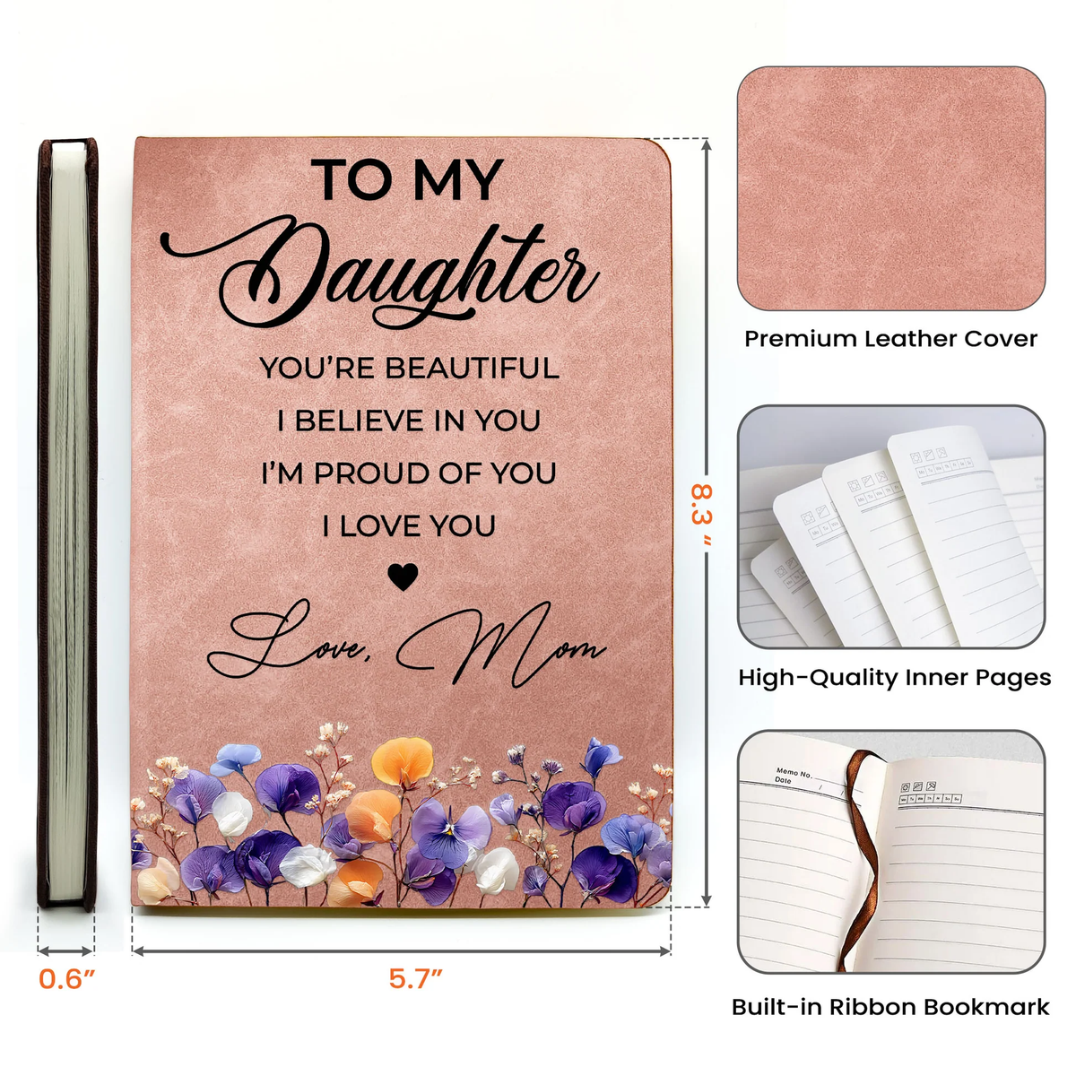 Personalized Leather Journal With Floral Quote Cover, Encouraging Gift For Daughter, Niece Or Granddaughter