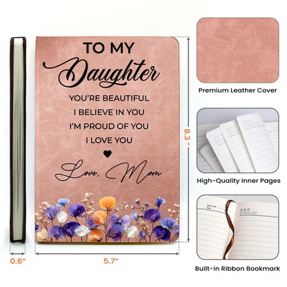 Personalized Leather Journal With Floral Quote Cover, Encouraging Gift For Daughter, Niece Or Granddaughter