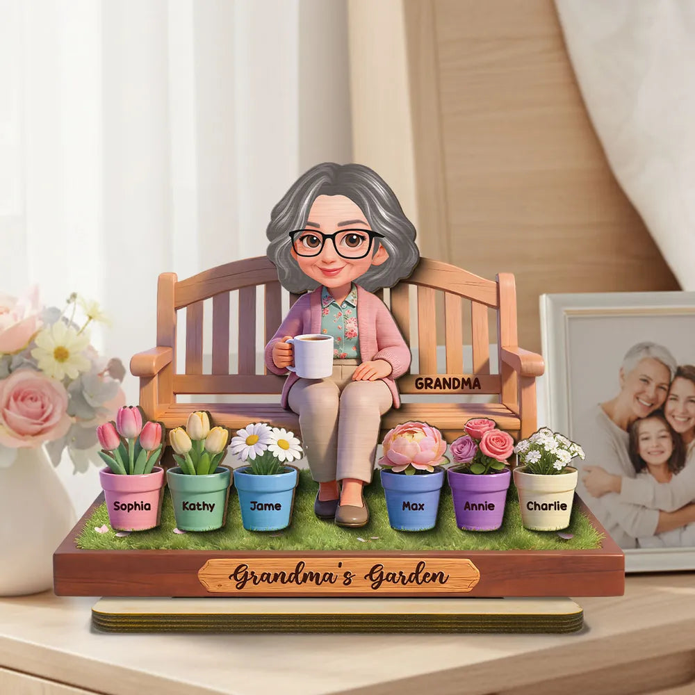 Personalized 2-Layer Wooden Plaque Grandma's Garden Bench Scene for Grandma, Sweet Family Keepsake Gift